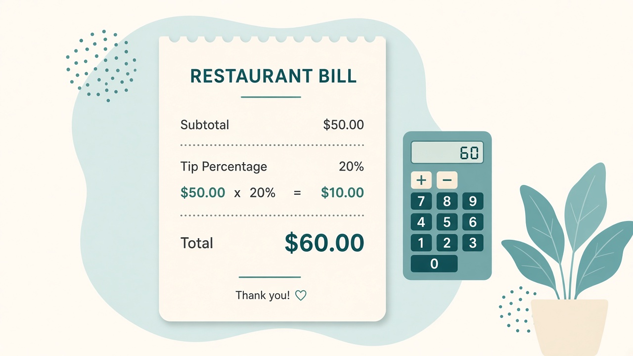 Restaurant bill showing a 50 dollar bill times 20 percent equals a 10 dollar tip
