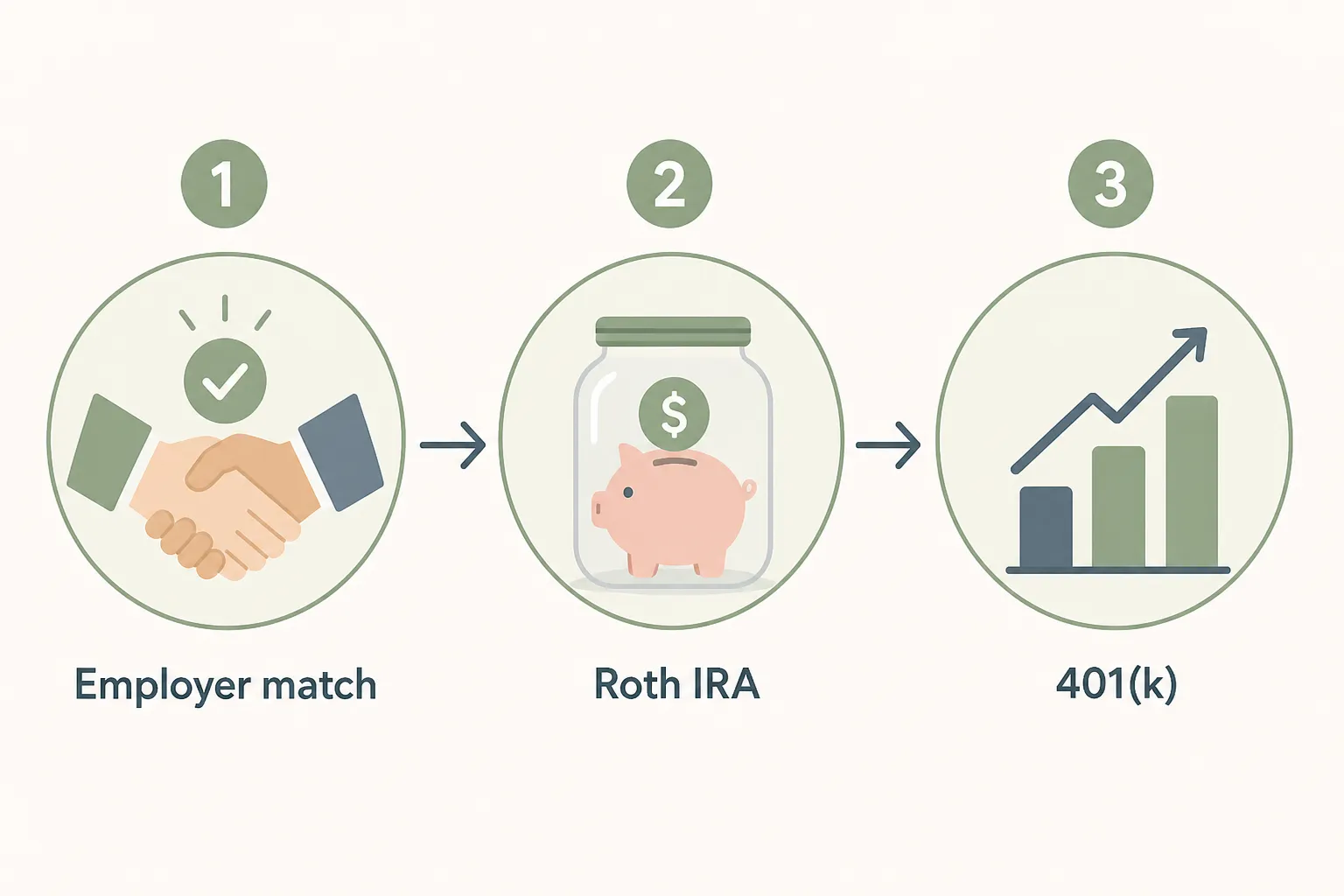 Orden de financiación de la jubilación en tres pasos: contribución equivalente del empleador, Roth IRA y después 401(k).