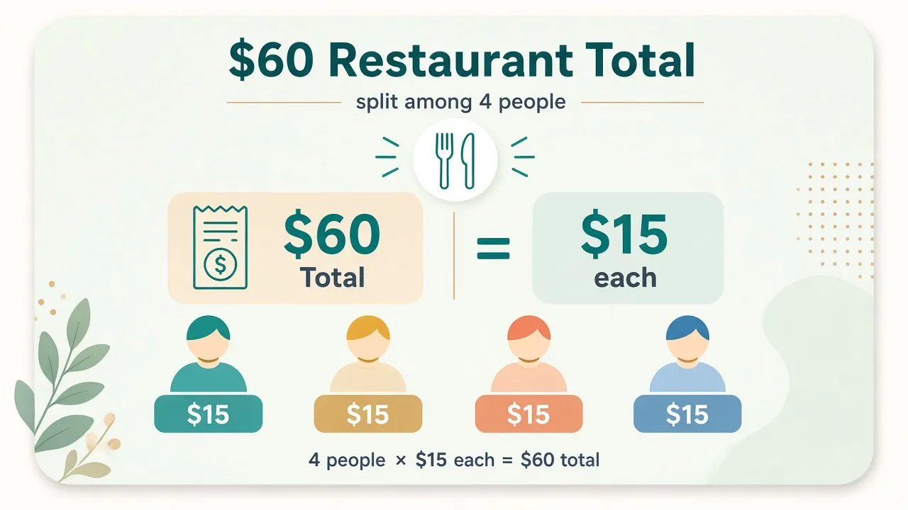 Card showing a 60 dollar total split among 4 people equals 15 dollars each