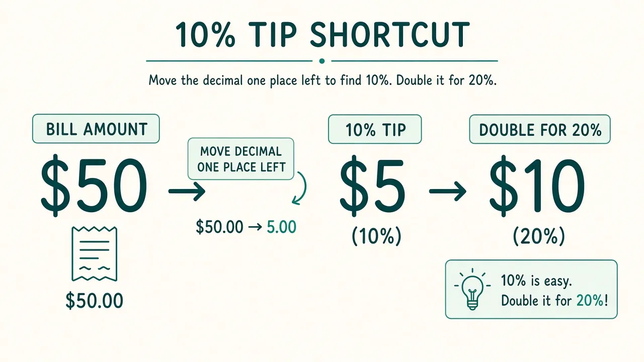 Diagram of the 10% tip shortcut: move the decimal one place left on 50 dollars to get 5 dollars, then double to 10 dollars for 20%